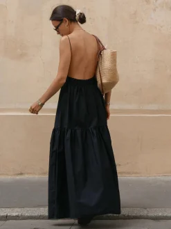 COMMENSE Solid Backless Long Dress* White Dresses|Black Dresses