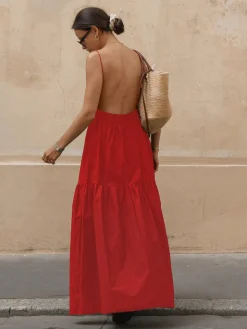 COMMENSE Solid Backless Long Dress* White Dresses|Black Dresses
