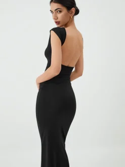 COMMENSE Solid Backless Midi Dress* Black Dresses|Casual Dresses