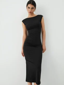 COMMENSE Solid Backless Midi Dress* Black Dresses|Casual Dresses