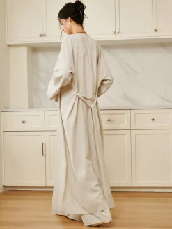 COMMENSE Solid Belted Draped Maxi Long Shirt* Long Sleeve Sets|Blouses & Shirts