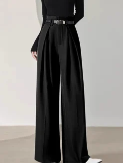 COMMENSE Solid Belted Pleated Wide Leg Pants* Wide Leg|Pants