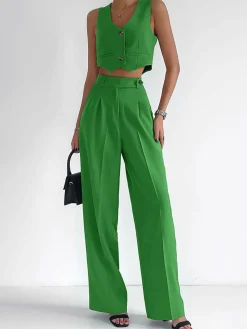 COMMENSE Solid Button Front Waistcoat With Pants Set* Pants Sets|Matching Sets