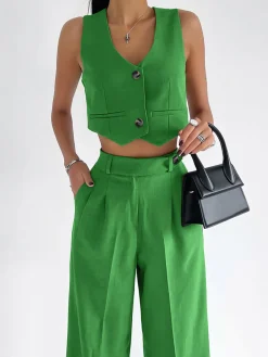 COMMENSE Solid Button Front Waistcoat With Pants Set* Pants Sets|Matching Sets