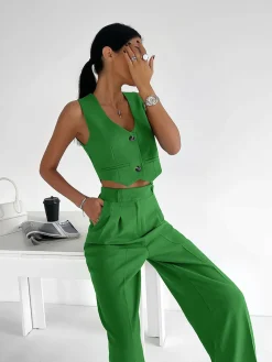 COMMENSE Solid Button Front Waistcoat With Pants Set* Pants Sets|Matching Sets