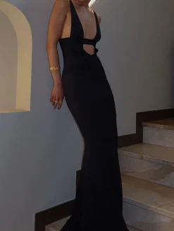 COMMENSE Solid Cutout Cami Long Dress* Black Dresses|Casual Dresses