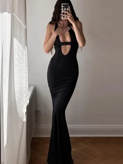 COMMENSE Solid Cutout Cami Long Dress* Black Dresses|Casual Dresses