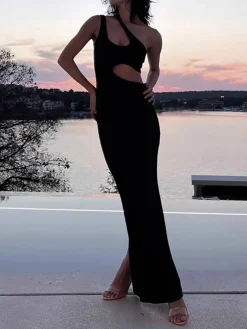COMMENSE Solid Cutout Cami Long Dress* Black Dresses|Casual Dresses