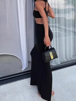 COMMENSE Solid Cutout Cami Long Dress* Black Dresses|Casual Dresses