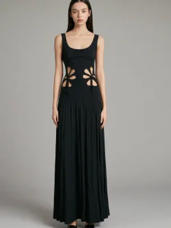 COMMENSE Solid Cutout Sleeveless Dress* Black Dresses|Casual Dresses
