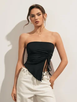 COMMENSE Solid Drawstring Backless Knotted Tube Top* Tank Tops & Camis|Tops