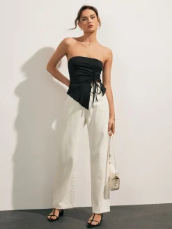 COMMENSE Solid Drawstring Backless Knotted Tube Top* Tank Tops & Camis|Tops