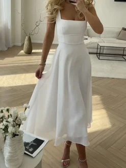 COMMENSE Solid Elegant Cami Long Dress* White Dresses|Black Dresses