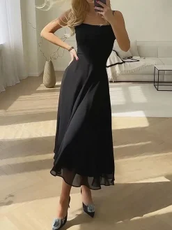 COMMENSE Solid Elegant Cami Long Dress* White Dresses|Black Dresses
