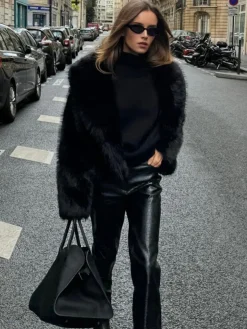 COMMENSE Solid Faux Fur Collar Jacket* Outerwear|Jackets