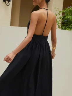 COMMENSE Solid Halter Long Dress* Black Dresses|Cocktail & Party Dresses