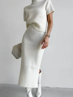 COMMENSE Solid High Neck Split Ribbed Knit Two Pieces Skirt Set* Sweater Tops|Skirts