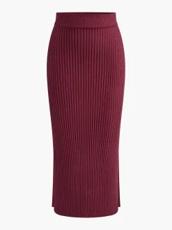 COMMENSE Solid High Neck Split Ribbed Knit Two Pieces Skirt Set* Sweater Tops|Skirts
