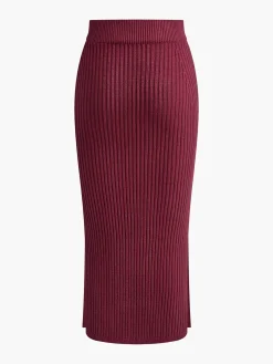 COMMENSE Solid High Neck Split Ribbed Knit Two Pieces Skirt Set* Sweater Tops|Skirts