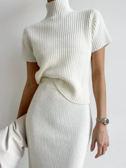 COMMENSE Solid High Neck Split Ribbed Knit Two Pieces Skirt Set* Sweater Tops|Skirts
