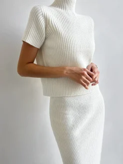 COMMENSE Solid High Neck Split Ribbed Knit Two Pieces Skirt Set* Sweater Tops|Skirts