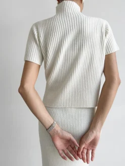 COMMENSE Solid High Neck Split Ribbed Knit Two Pieces Skirt Set* Sweater Tops|Skirts