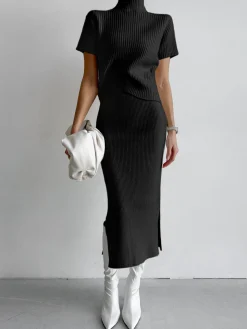COMMENSE Solid High Neck Split Ribbed Knit Two Pieces Skirt Set* Sweater Tops|Skirts