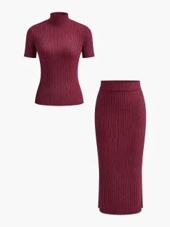 COMMENSE Solid High Neck Split Ribbed Knit Two Pieces Skirt Set* Sweater Tops|Skirts