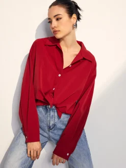 COMMENSE Solid Lapel Button Draped Shirt* Blouses & Shirts|Tops