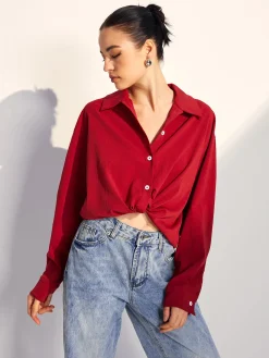 COMMENSE Solid Lapel Button Draped Shirt* Blouses & Shirts|Tops