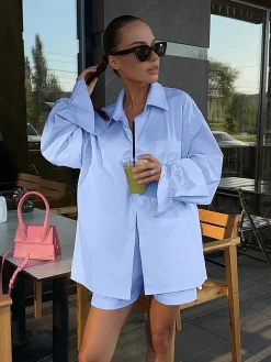 COMMENSE Solid Lapel Pocket Loose Shorts Set* Shorts Sets|Shorts