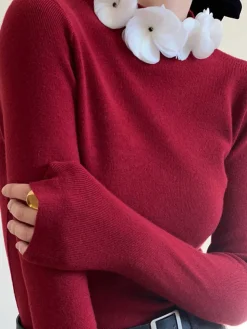 COMMENSE Solid Long Sleeve Floral Knit Top* Sweater Tops|Sweaters & Cardigans
