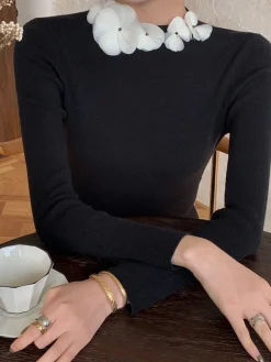 COMMENSE Solid Long Sleeve Floral Knit Top* Sweater Tops|Sweaters & Cardigans