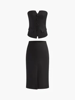 COMMENSE Solid Off Shoulder Split Skirt Set* Skirt Sets|Long Sleeve Sets