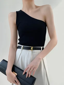 COMMENSE Solid One Shoulder Top* Tank Tops & Camis|Tops