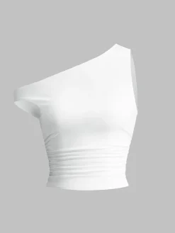 COMMENSE Solid One-Shoulder Sleeveless Short Top* T-shirts|Tops