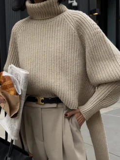 COMMENSE Solid Oversized Ribbed Knit High Neck Sweater* Sweater Tops|Sweaters & Cardigans
