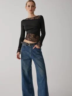 COMMENSE Solid Patchwork Lace Long Sleeve Top* T-shirts|Tops