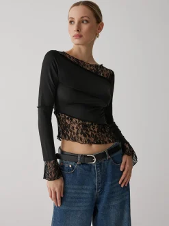 COMMENSE Solid Patchwork Lace Long Sleeve Top* T-shirts|Tops