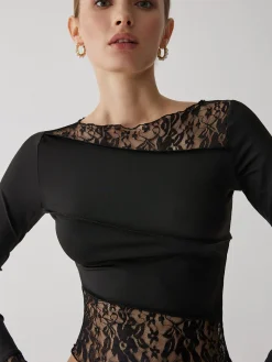COMMENSE Solid Patchwork Lace Long Sleeve Top* T-shirts|Tops