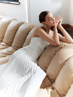 COMMENSE Solid Pleated Strapless Split Dress* White Dresses|Casual Dresses