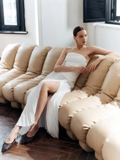 COMMENSE Solid Pleated Strapless Split Dress* White Dresses|Casual Dresses
