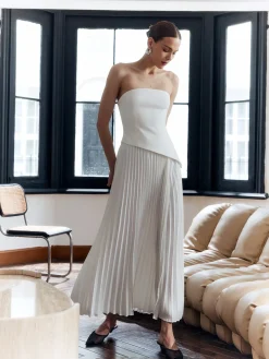 COMMENSE Solid Pleated Strapless Split Dress* White Dresses|Casual Dresses