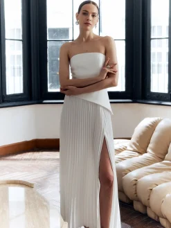 COMMENSE Solid Pleated Strapless Split Dress* White Dresses|Casual Dresses