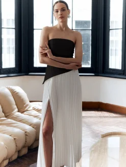 COMMENSE Solid Pleated Strapless Split Dress* White Dresses|Casual Dresses