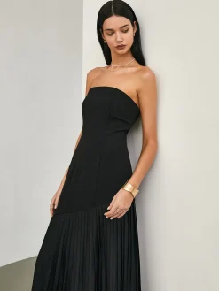 COMMENSE Solid Pleated Tube Long Dress* Black Dresses|Casual Dresses