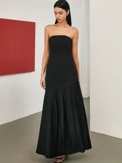 COMMENSE Solid Pleated Tube Long Dress* Black Dresses|Casual Dresses