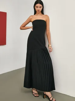 COMMENSE Solid Pleated Tube Long Dress* Black Dresses|Casual Dresses