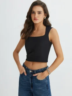 COMMENSE Solid Square Neck Pleated Tank Top* Tank Tops & Camis|Tops