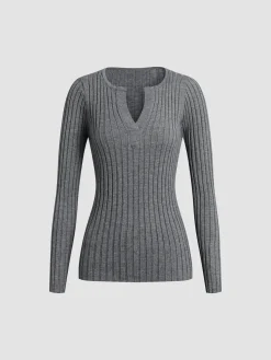 COMMENSE Solid Textured V-neck Knit Top* Sweater Tops|Sweaters & Cardigans